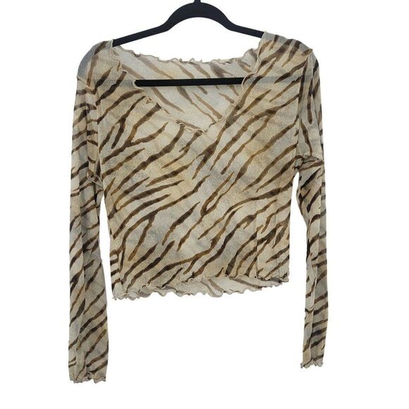 Vintage Y2K Sheer Zebra Print Long Sleeve Top M Brown Stretch Tattoo Baddie Club - Picture 1 of 9